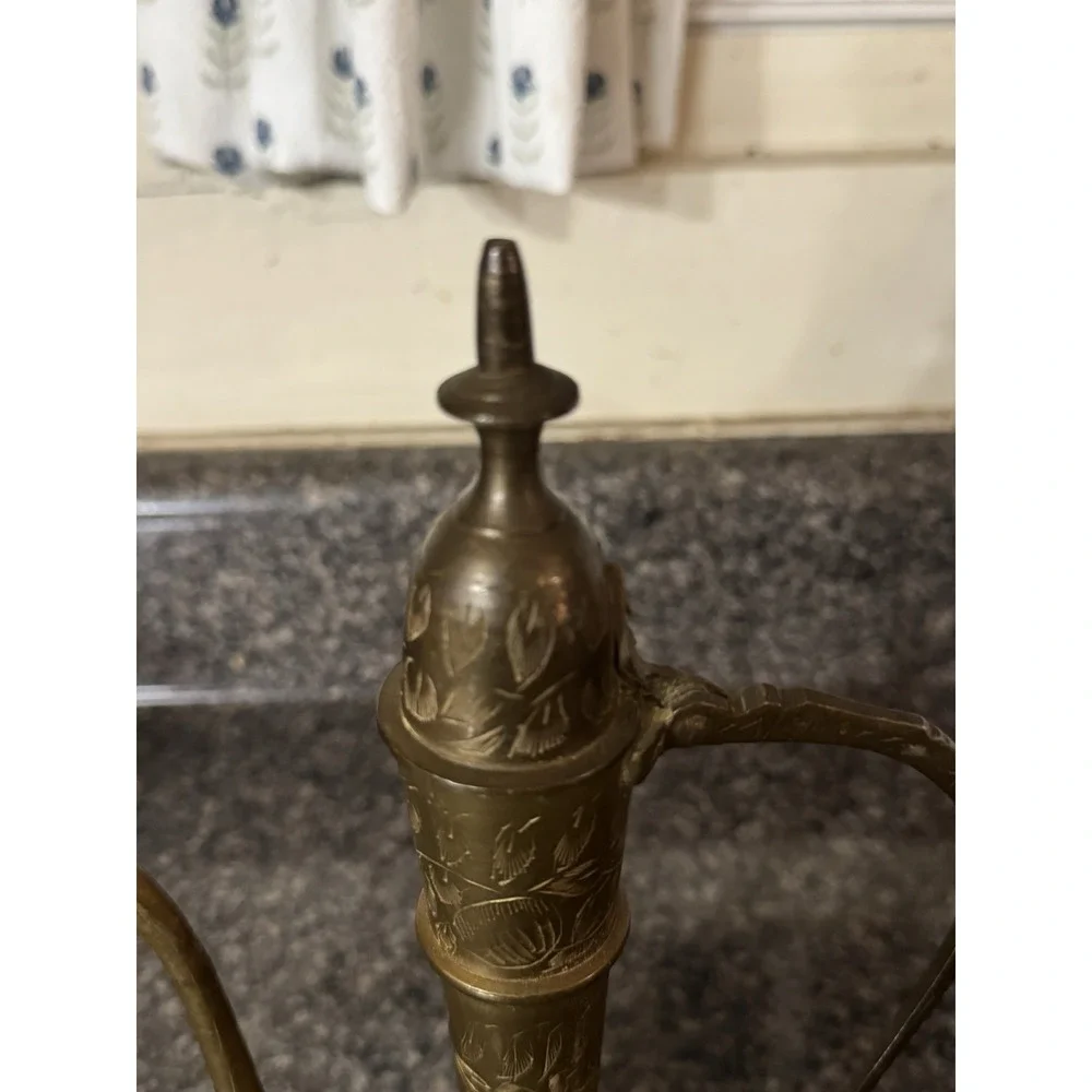 Vintage Etched Brass Pitcher‎ Tea Pot Oil Coffee Water Genie Made In INDIA
